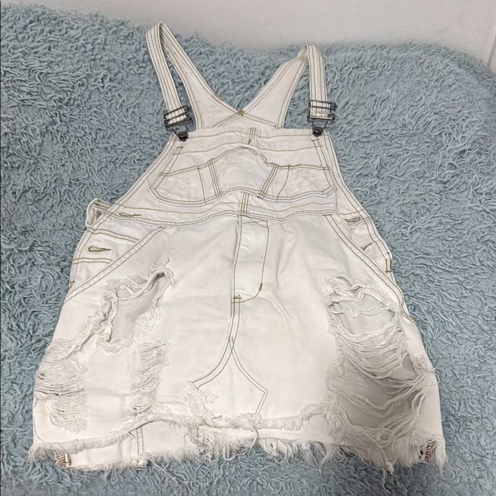 White Distressed Denim Overalls